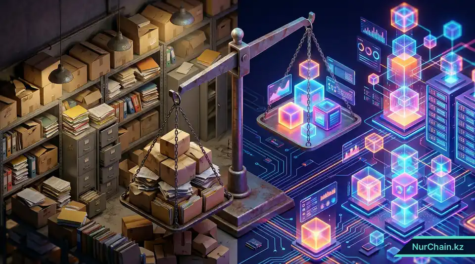 3D-инфографика, сравнивающая загроможденные бумажные архивы с чистой и сияющей системой хранения на блокчейне.