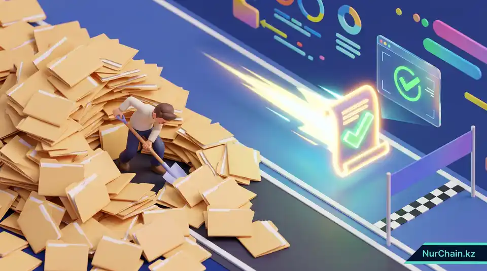 3D-сравнение медленного ручного поиска документов и мгновенной скорости проверки на базе блокчейна.