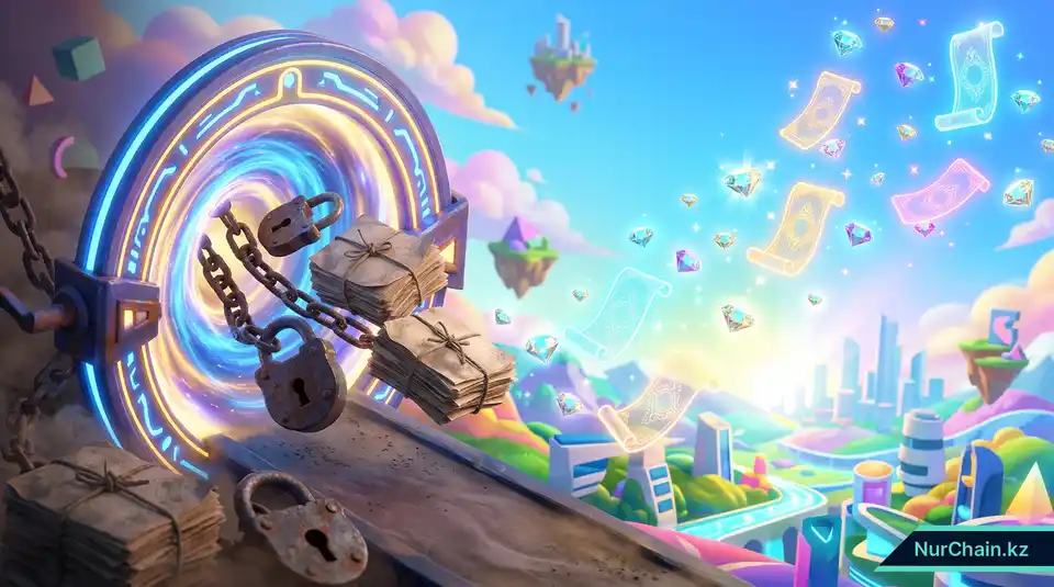 Итоговое 3D-изображение, показывающее превращение бумажных обязательств в защищенные и вечные цифровые активы.