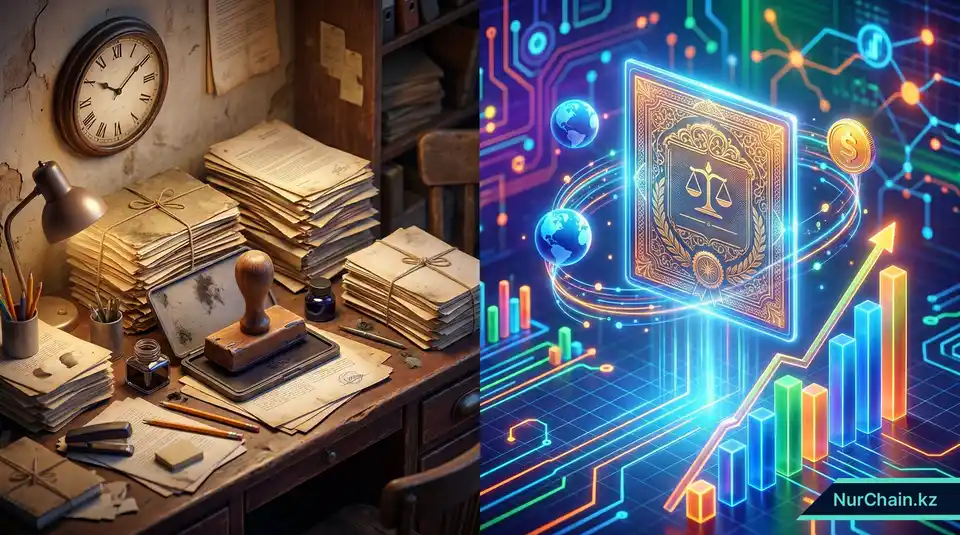 3D-сравнение традиционных бумажных документов и высокорентабельных цифровых NFT-дипломов с графиком роста.