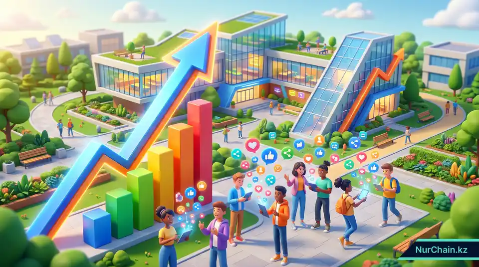 3D-кампус университета с растущими графиками набора и студентами, делящимися цифровыми дипломами в социальных сетях.