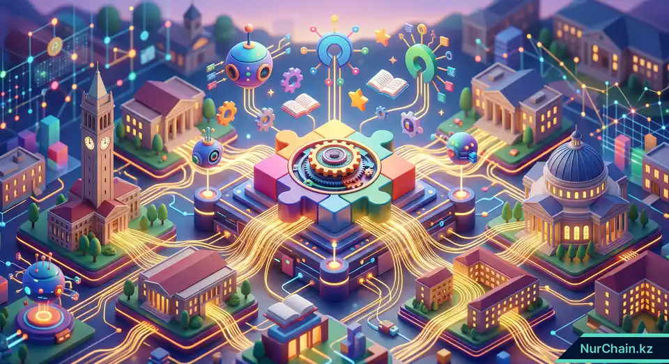 3D-иллюстрация взаимосвязанных достопримечательностей университетов США и узлов данных, представляющая стратегическую блокчейн-инфраструктуру.