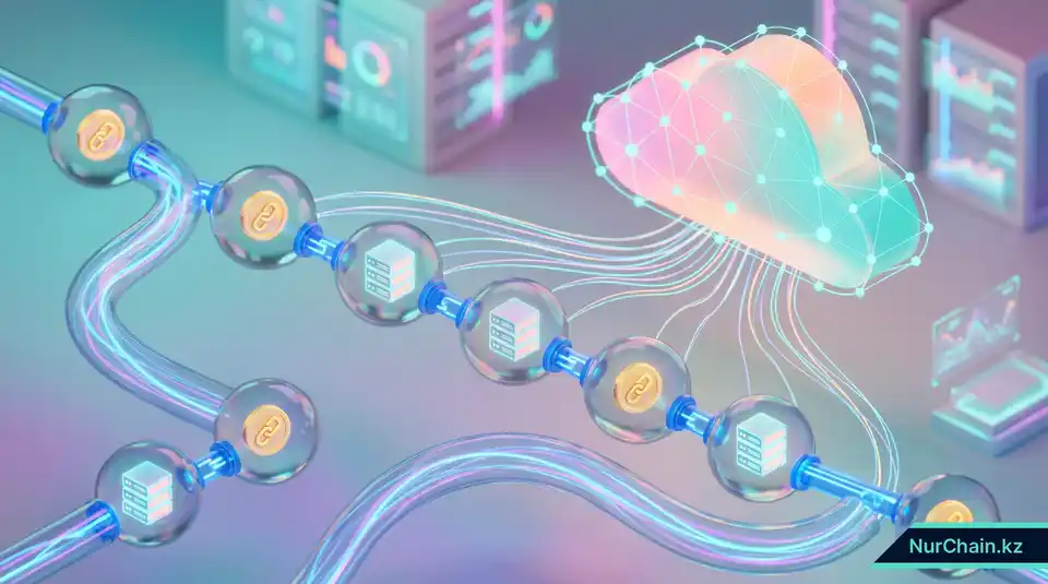 3D-изометрическое представление текущих операционных расходов, облачного хостинга и низких комиссий за транзакции в блокчейне.