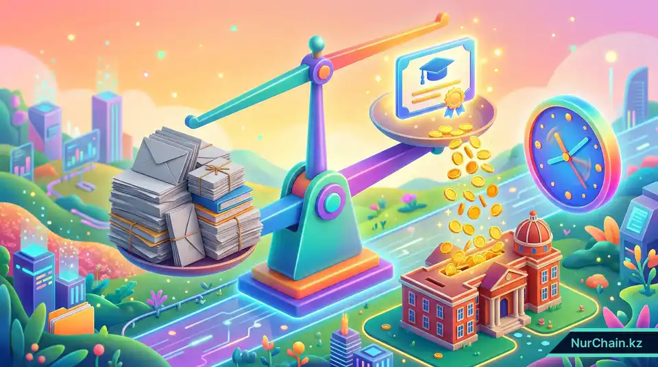 3D-весы, показывающие финансовую отдачу и экономию времени при переходе от бумажных дипломов к цифровым.