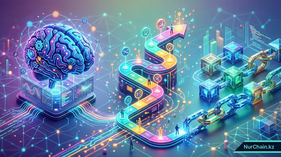 Синергия ИИ и блокчейна, представленная в виде слияния мозга и цепи для создания динамической дорожной карты карьеры.
