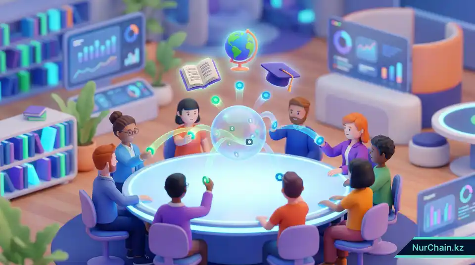 3D-иллюстрация собрания по управлению DAO-университетом, где участники используют токены для голосования по образовательным вопросам.