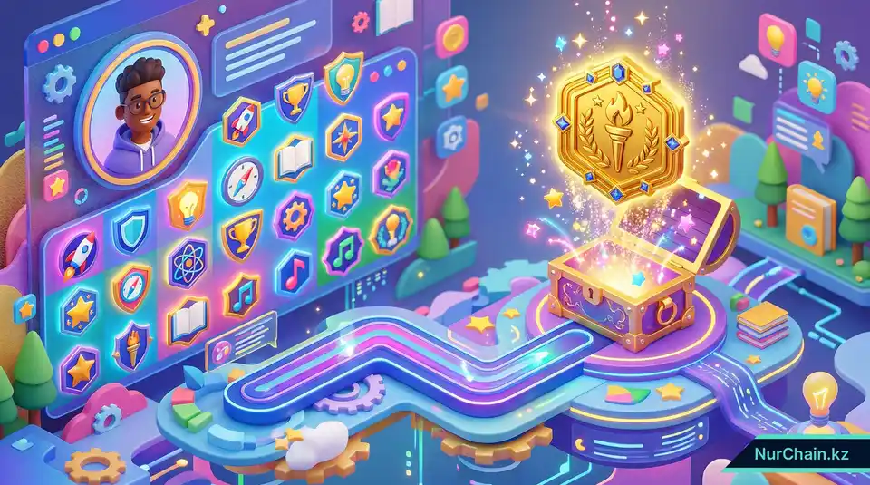 3D-интерфейс геймифицированного образования со шкалой прогресса и NFT-наградами, вылетающими из сундука с сокровищами.