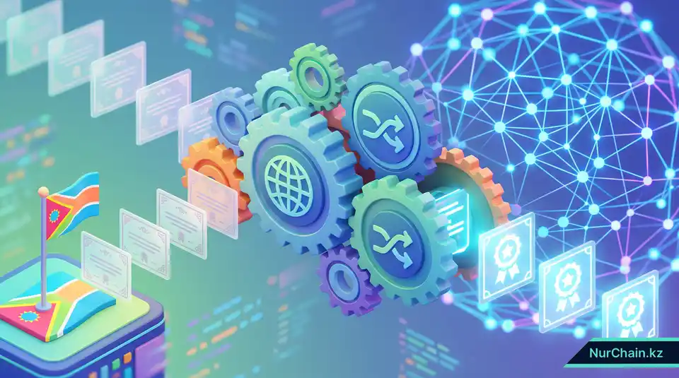 Сложная система 3D-шестеренок, представляющая глобальные стандарты, которые делают цифровые документы универсально проверяемыми и надежными.