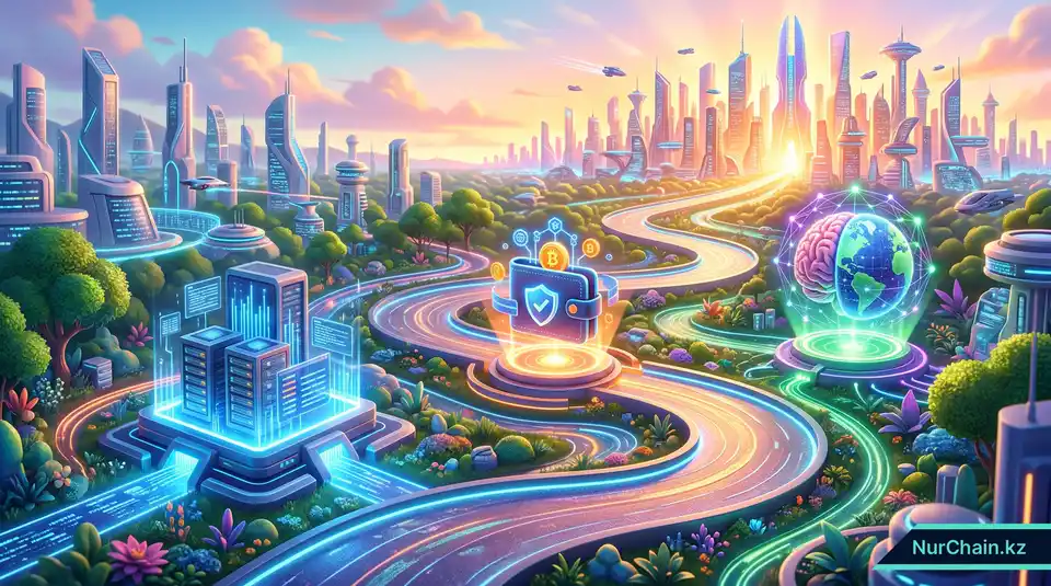 Извилистая 3D-дорога с контрольными точками, представляющими этапы 10-летней дорожной карты цифрового образования Казахстана.