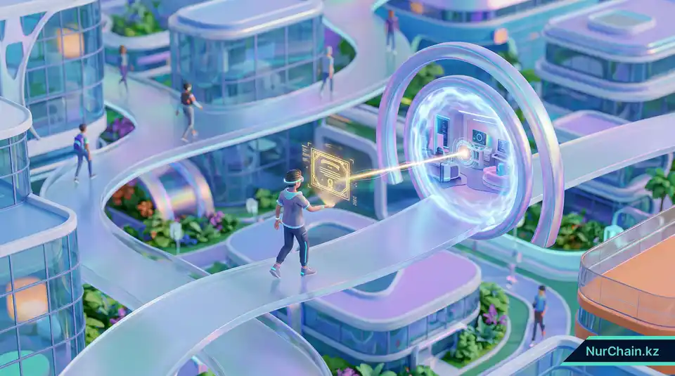 Сцена в кампусе метавселенной, где NFT-диплом служит цифровым ключом для доступа в закрытые университетские зоны.