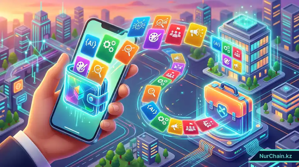 3D-кошелек навыков, выпускающий голографические документы, которые сопоставляются с вакансиями, иллюстрируя будущее сферы труда.