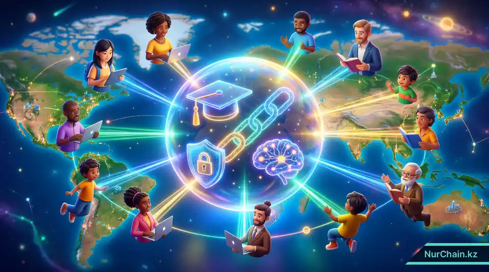 Комплексная итоговая 3D-графика, демонстрирующая единую экосистему блокчейна, ИИ и глобальной академической мобильности.