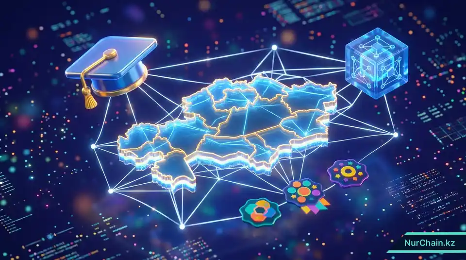 Изометрическая 3D-карта Казахстана в окружении парящих цифровых символов образования, таких как академические шапочки и узлы блокчейна.