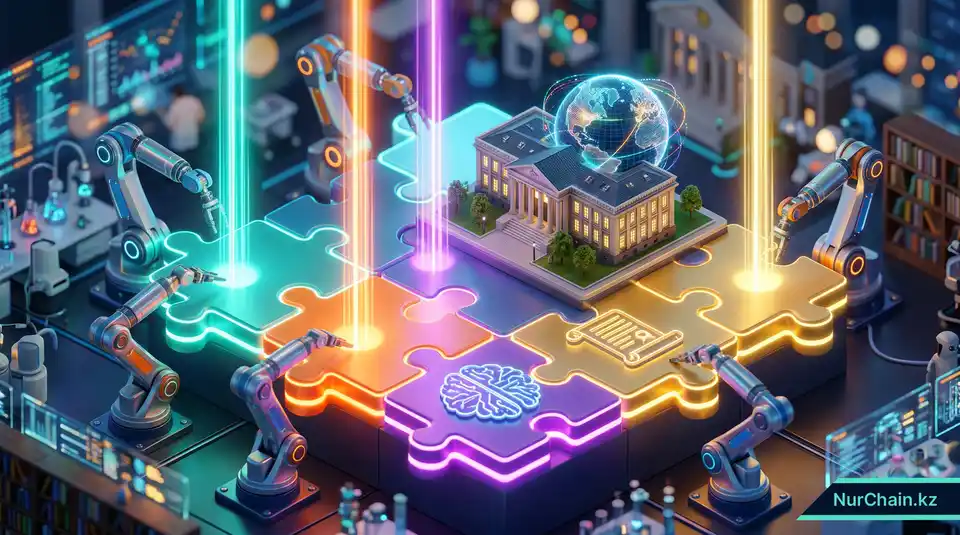 Изометрическая 3D-иллюстрация из разноцветных фрагментов пазла, представляющих EdTech-альянсы, объединяющиеся для поддержки глобальной образовательной сети.