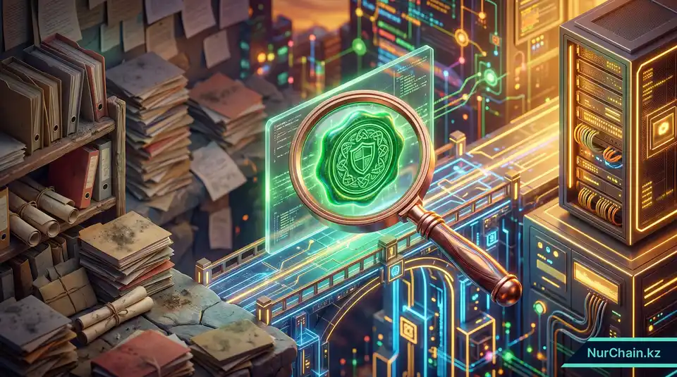 3D-визуализация цифрового моста, соединяющего старые бумажные записи с защищенным блокчейн-сервером с сияющей печатью верификации.