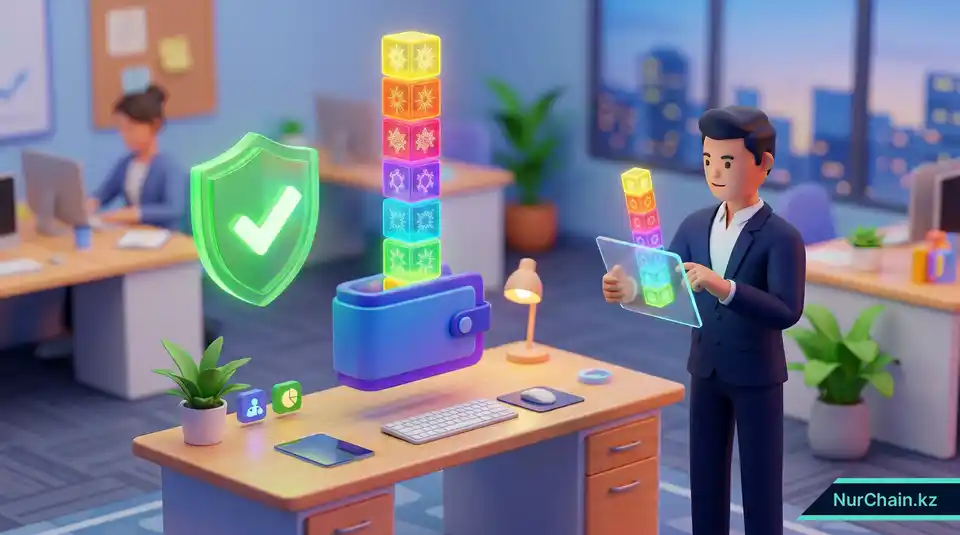 Изометрический 3D-вид цифрового кошелька навыков со стопкой светящихся документов, которые проверяет специалист.