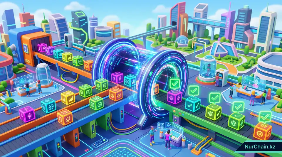 Изометрическая 3D-сцена хаба для сканирования навыков с парящими голографическими галочками, представляющими быструю ончейн-верификацию.