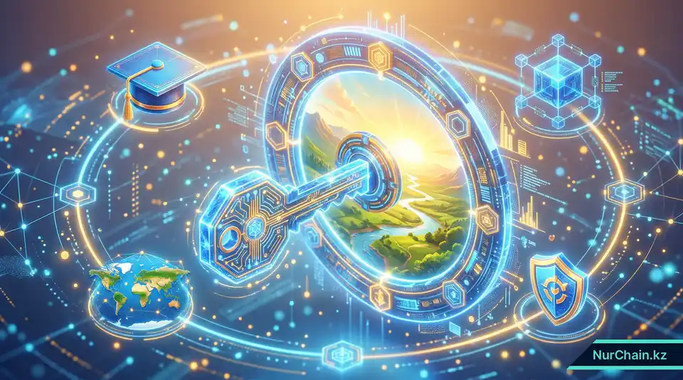 Итоговая 3D-инфографика со светящимся цифровым ключом, открывающим мир возможностей, в окружении символов образования и доверия.