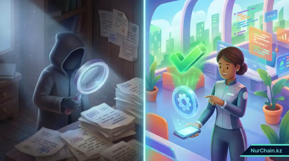 Сравнение ручной проверки бумажных документов и мгновенной проверки 3D голографических токенов для предотвращения мошенничества.