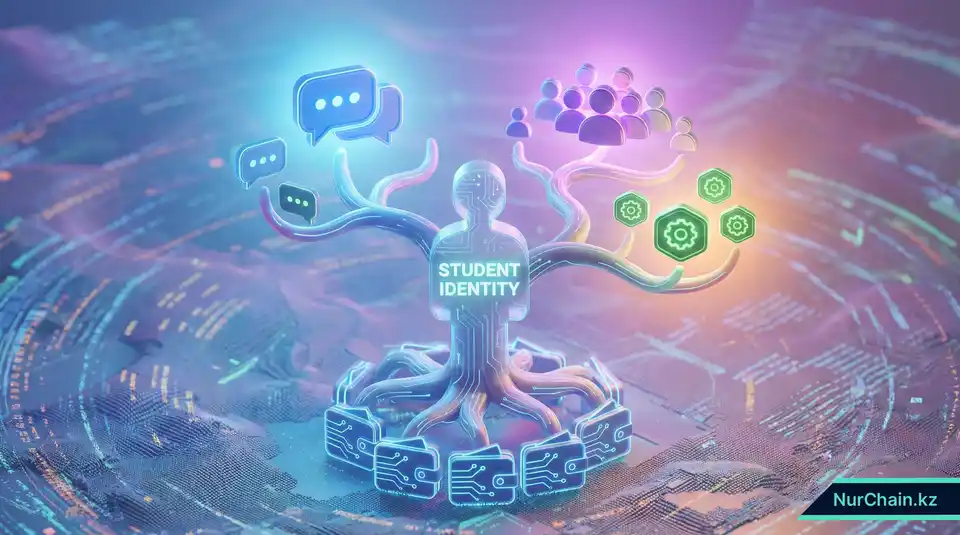 Цифровое дерево, представляющее путь непрерывного обучения, с иконками гибких навыков и микро-квалификаций.