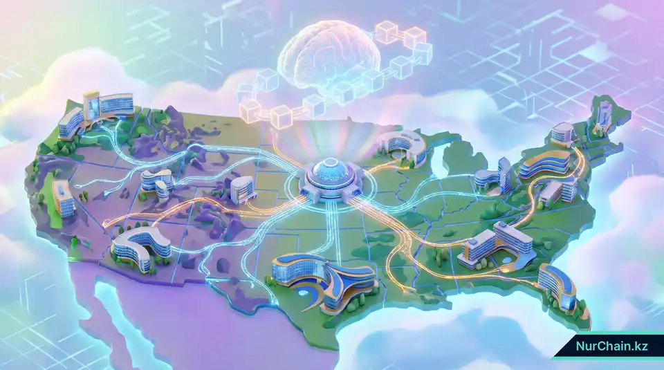 Стилизованная 3D-карта, показывающая взаимосвязанные университеты и иконки блокчейна, представляющие национальную стратегию цифровой трансформации.