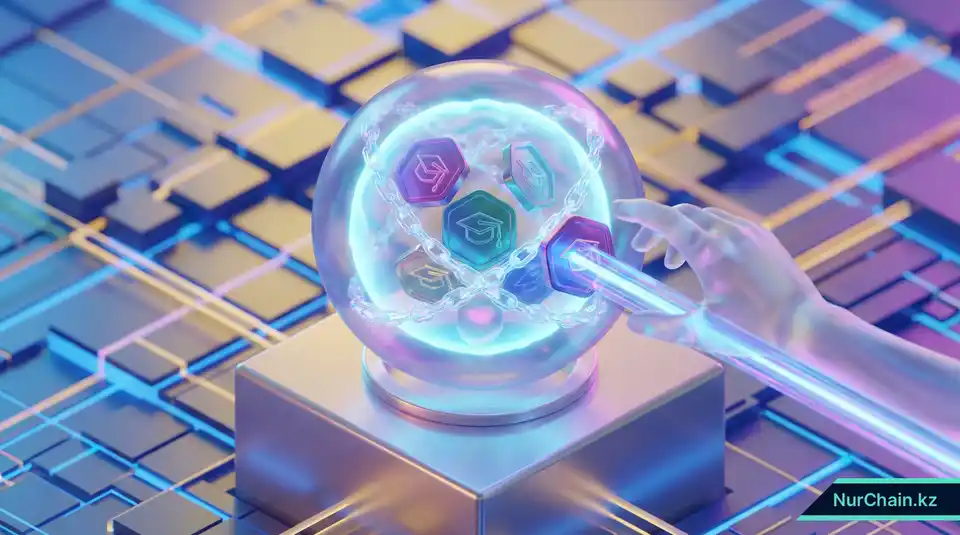 3D цифровой кошелек с непередаваемыми академическими токенами, закрепленными световыми лучами, что символизирует постоянную идентичность в блокчейне.