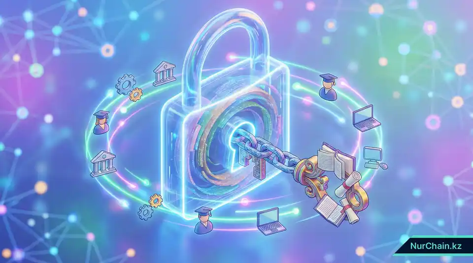 Итоговая 3D-инфографика с изображением блокчейн-ключа и замка, символизирующая надежную и вечную академическую идентичность.