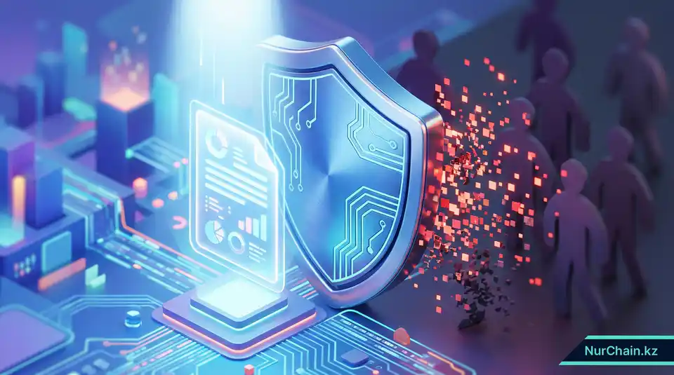 Цифровой 3D-щит, защищающий академический сертификат от подделки, иллюстрирующий, как блокчейн предотвращает мошенничество с документами.