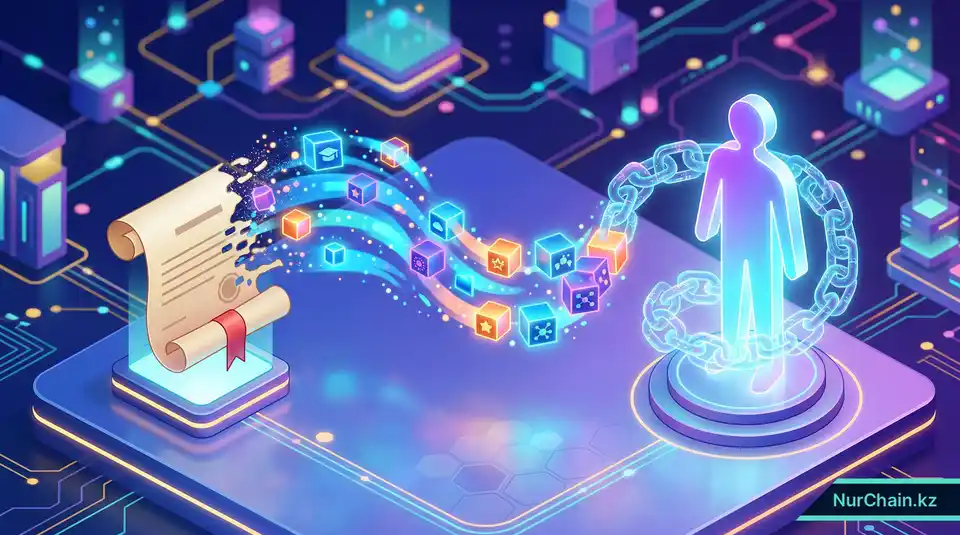 3D-иллюстрация бумажного диплома, превращающегося в защищенный поток блокчейна, что символизирует будущее децентрализованных академических транскриптов.