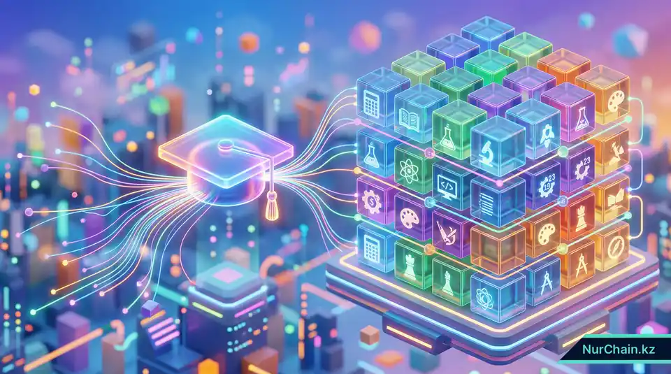 3D-визуализация детализированных академических данных, показывающая отдельные оценки и навыки в виде взаимосвязанных цифровых кубов.