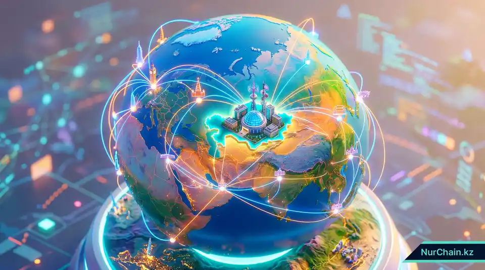 3D-карта, показывающая глобальный охват академических стандартов блокчейна, зародившихся в технологическом университете Казахстана.