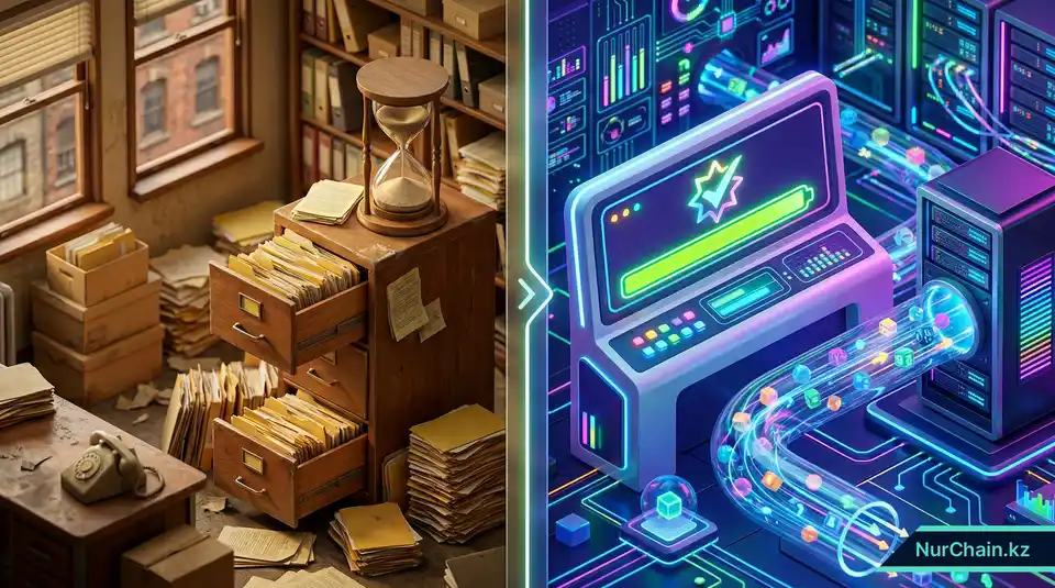 3D-инфографика, сравнивающая медленные бумажные процессы регистратора с высокоэффективной автоматизацией на базе блокчейна.