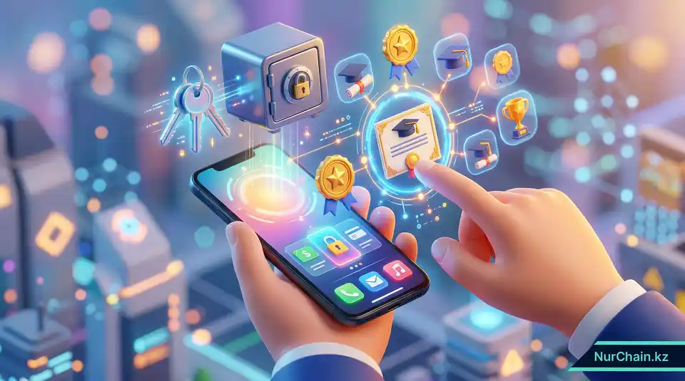 3D-изображение студента, использующего цифровой кошелек для самосуверенной идентификации и владения своими академическими записями.