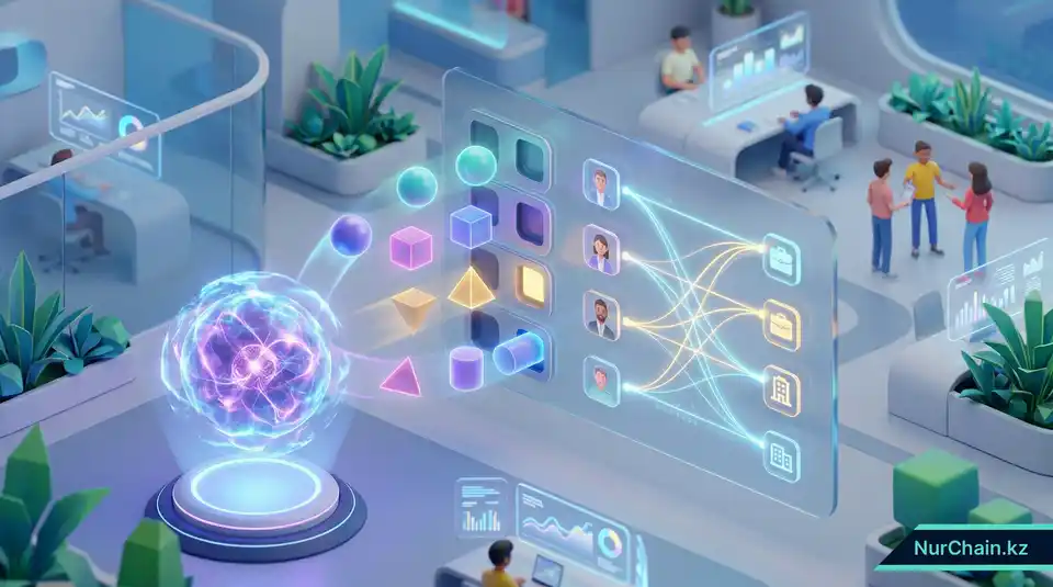 Трехмерное визуальное объяснение рекрутинга на базе ИИ, сопоставляющего подтвержденные навыки с вакансиями с помощью продвинутых алгоритмов.