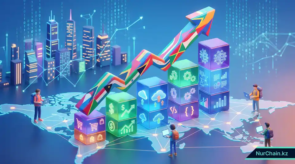 Трехмерная инфографика, изображающая рост цифровой экономики Казахстана за счет подтвержденных навыков и трендов удаленной работы.