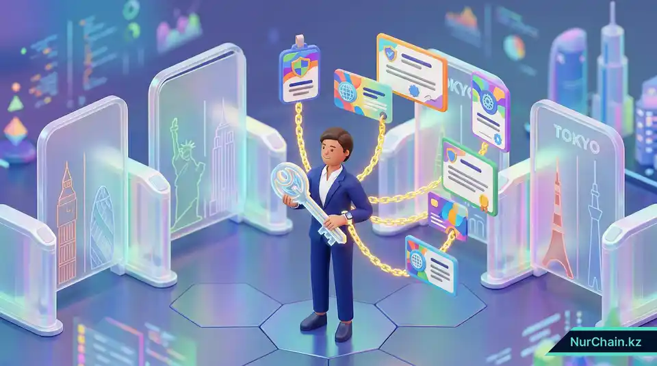 Трехмерная иллюстрация профессионала, держащего цифровой ключ к своим документам, что символизирует самодостаточную идентичность и владение персональными данными.