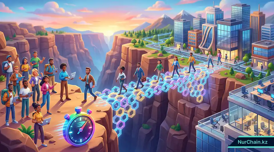 Трехмерная инфографика, изображающая блокчейн-мост, который соединяет соискателей с вакансиями, символизируя решение проблемы дефицита навыков.