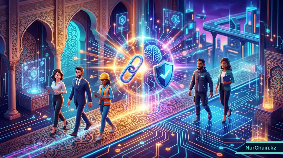 Комплексная трехмерная итоговая графика, демонстрирующая синергию ИИ, блокчейна и цифрового суверенитета для кадрового потенциала Казахстана.