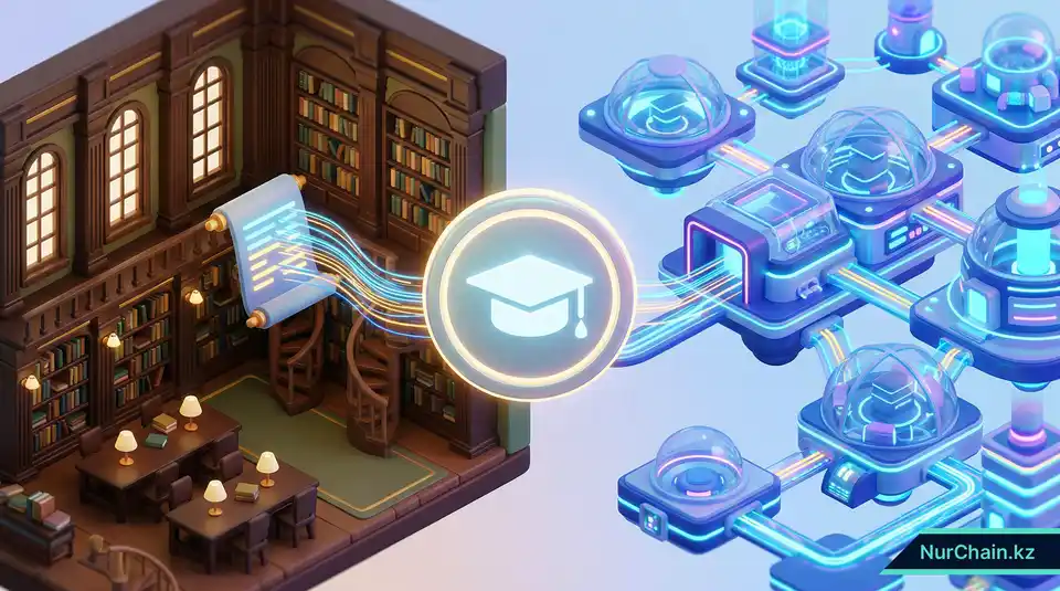 3D-инфографика, изображающая NFT-диплом как мост между традиционной библиотекой и футуристическим городом-кампусом в метавселенной.