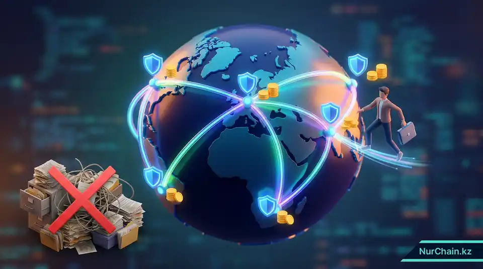 Карта мира, демонстрирующая стратегические преимущества документов в формате NFT, включая безопасность, мобильность и сокращение расходов.