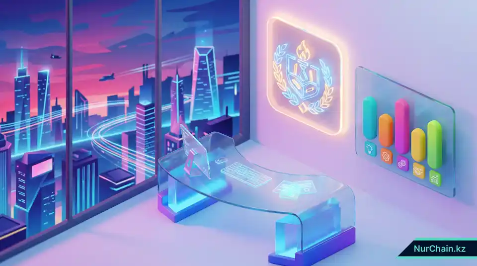 Голографический 3D-диплом и график навыков, отображаемые в футуристическом виртуальном офисе.