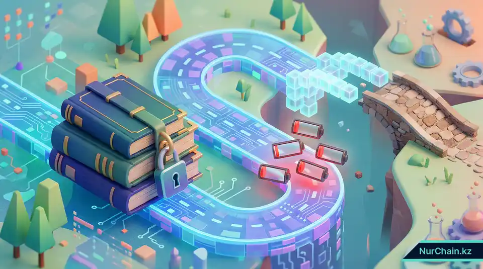 3D-инфографика, показывающая юридические и технические препятствия для DAO-университетов, включая апатию избирателей и проблему оракула.