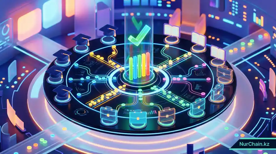 3D-инфографика системы голосования на основе токенов для управления университетом, демонстрирующая процесс коллективного принятия решений и автоматизацию через смарт-контракты.