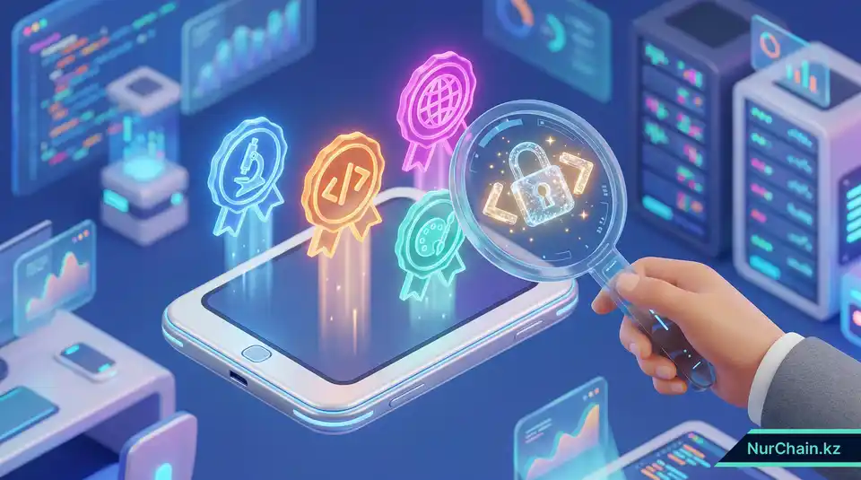 3D-изображение цифрового кошелька навыков с Soulbound-токенами и уникальными значками для защищенной от подделок академической аккредитации.