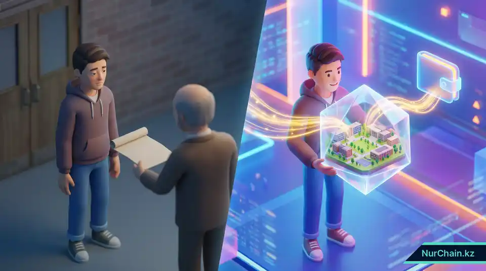 3D-визуализация модели «студент как владелец», где студент держит цифровое представление прав собственности на университет и цифровой кошелек.