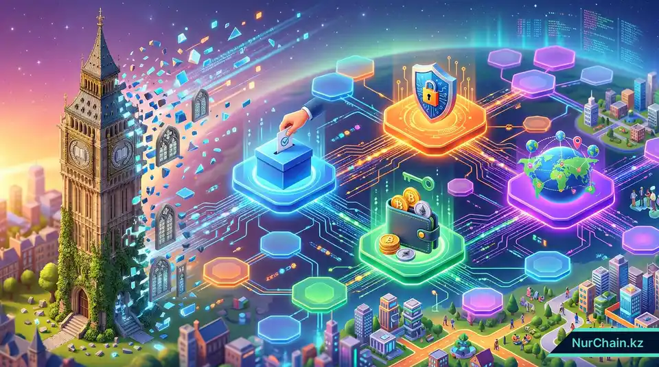 Итоговая 3D-иллюстрация, показывающая трансформацию традиционной университетской башни в децентрализованную сеть прозрачных платформ, принадлежащих студентам.