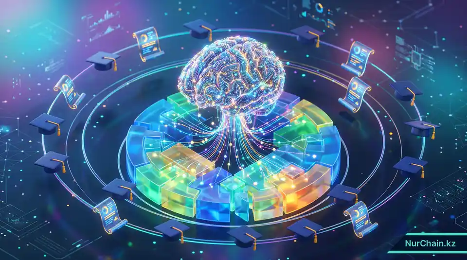 Концептуальная 3D-иллюстрация, демонстрирующая слияние нейронных сетей ИИ и блоков блокчейна в контексте высшего образования.