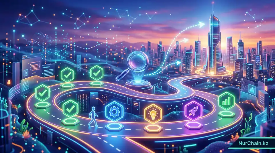 3D-визуализация карьерной дорожной карты на базе ИИ, основанной на проверенных данных о навыках из блокчейна и контрольных точках.