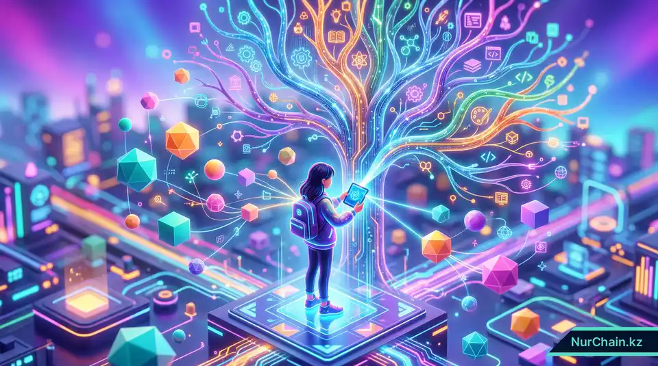 3D-иллюстрация студента, использующего цифровой кошелек для навигации по персонализированному древу образования, работающему на базе ИИ.