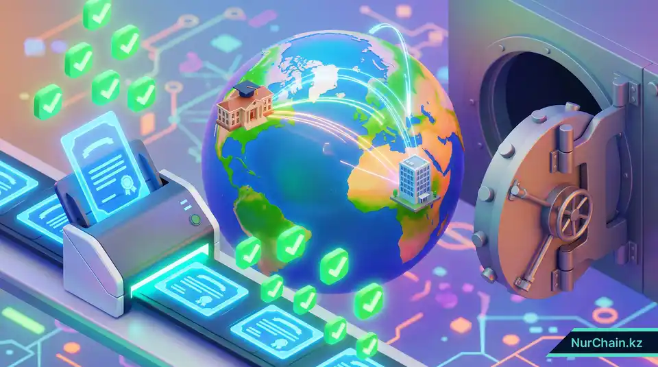 3D-графика, демонстрирующая преимущества глобальной мобильности документов и автоматизированной проверки документов с помощью технологии блокчейн.